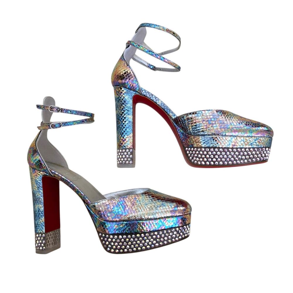 Christian Louboutin Cassandrinetta Alta Silver Crystal Platform Heels 37 US 7